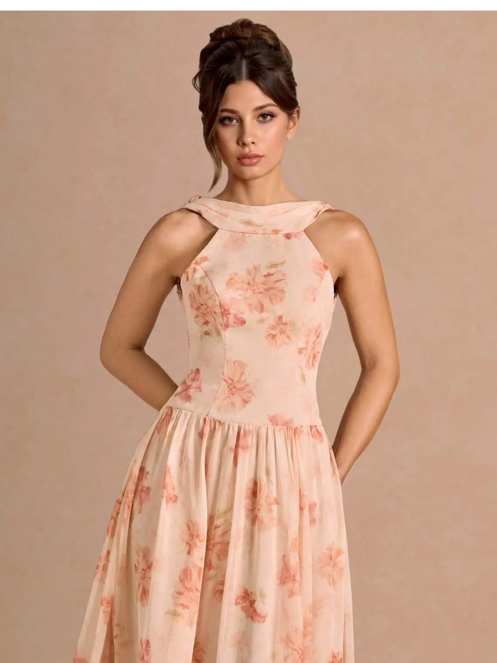 Azazie Bridesmaid Blush Pink Floral Halter Dress - Picture 5 of 6